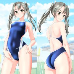 Rule 34 | 1girl, absurdres, arena (company), ass, blue one-piece swimsuit, breasts, brown eyes, cameltoe, collarbone, competition swimsuit, covered navel, cowboy shot, from behind, grey hair, grin, hair ribbon, highres, kantai collection, logo, long hair, looking at viewer, looking back, multiple views, one-piece swimsuit, ribbon, small breasts, smile, swimsuit, takafumi, twintails, white ribbon, zuikaku (kancolle)
