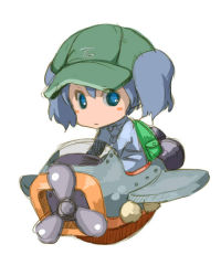 Rule 34 | 1girl, aircraft, airplane, backpack, bag, blue eyes, blue hair, blush stickers, chibi, hair bobbles, hair ornament, hat, kawashiro nitori, key, looking at viewer, matching hair/eyes, rocket, short hair, short twintails, sketch, smile, solo, touhou, twintails, two side up, uni mate, vehicle focus, white background