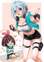 Rule 34 | .live, 2girls, alternate costume, bike shorts, black gloves, black shorts, blue eyes, blue jacket, blush, bow, breasts, brown hair, cleavage, collarbone, cosplay, crop top, crying, crying with eyes open, embarrassed, fingerless gloves, gloves, hair bow, headphones, headphones around neck, hood, hood down, hooded jacket, jacket, kizuna ai, kizuna ai (a.i. games), kizuna ai (cosplay), kizuna ai inc., kneeling, large breasts, midriff, multicolored hair, multiple girls, navel, official alternate costume, open clothes, open jacket, open mouth, pink bow, short hair, short shorts, shorts, dennou shoujo siro, sitting, standing, stomach, streaked hair, tears, thigh strap, virtual youtuber, yodare (3yami8)