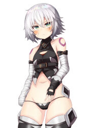 Rule 34 | 1girl, :&lt;, absurdres, bandages, black panties, cameltoe, fate/grand order, fate (series), green eyes, highres, jack the ripper (fate/apocrypha), nagyiiie, navel, panties, scar, scar across eye, solo, stitches, thighhighs, thighs, underwear, white hair