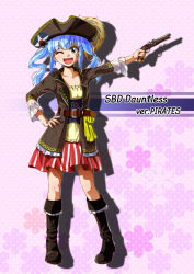Rule 34 | antique firearm, ash arms, belt, blue eyes, blue hair, boots, collarbone, commentary request, damepia (pianohuey38), firearm, firelock, flat chest, flintlock, full body, graphite (medium), gun, hat, highres, looking at viewer, medium hair, one eye closed, open mouth, pirate costume, pirate hat, sbd dauntless (ash arms), solo, traditional media, twintails, weapon