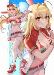 Rule 34 | ahoge, baseball bat, belt, blonde hair, breasts, cleavage, collarbone, fate/grand order, fate (series), hair intakes, highres, holding, holding baseball bat, large breasts, licking lips, multiple views, navel, nero claudius (fate), nero claudius (fate) (all), nero claudius (fate/extra), outdoors, outside border, short shorts, shorts, skindentation, sky, smile, sparkle, tagme, thighhighs, tongue, tongue out, twitter username, white legwear, yayoi maka