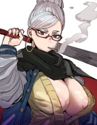 1girl areola_slip ayase_seiko bat beehive_hairdo bow_(bhp) breasts cigarette dandadan glasses large_breasts mature_female no_bra puffy_areolae smoke smoking solo sweater upper_body