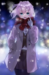 Rule 34 | 1girl, absurdres, black pantyhose, black skirt, black vest, blue eyes, brown coat, coat, commentary request, cowboy shot, gloves, highres, kantai collection, pantyhose, pink hair, ponytail, red scarf, scarf, school uniform, shiranui (kancolle), short hair, skirt, snow, solo, standing, u yuz xx, vest, white gloves