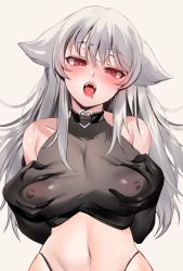 Rule 34 | 1girl, animal ears, bare shoulders, black gloves, black panties, blush, breasts, collar, covered erect nipples, crop top, elbow gloves, fangs, gloves, grabbing own breast, grey hair, halterneck, highleg, highleg panties, highres, large breasts, long hair, looking at viewer, navel, open mouth, original, panties, red eyes, saliva, solo, tongue, tongue out, underwear, zerocat