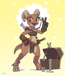 Rule 34 | 1girl, arrow (projectile), artist name, bandeau, bare shoulders, barefoot, belt, blush, borrowed character, bow (weapon), breasts, brown bandeau, brown gloves, claws, clenched hand, collar, collarbone, colored skin, cuffs, curled horns, dagger, dated, fang, female focus, full body, furry, furry female, gloves, gradient background, hand on own hip, hand up, happy, highres, horns, knife, kobold, lizard tail, loincloth, looking at viewer, multicolored skin, navel, open mouth, original, pouch, quiver, red eyes, sat-v12, shackles, sheath, sheathed, shiny skin, signature, small breasts, smile, solo, standing, stomach, sweat, tail, thick thighs, thighs, treasure chest, two-tone skin, v, weapon, wide hips, yellow background