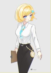 Rule 34 | 1girl, absurdres, alternate universe, belt, blonde hair, blue eyes, clipboard, collared shirt, hair ornament, hairclip, henma, high-waist skirt, highres, hololive, hololive english, id card, lanyard, magui3, office lady, pants, pocket watch, shirt, shirt tucked in, simple background, skirt, solo, virtual youtuber, watch, watson amelia