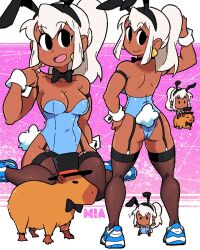 Rule 34 | 1girl, animal, animal ears, arm up, ass, bare shoulders, black bow, black bowtie, black eyes, black hairband, blue footwear, blue leotard, bow, bowtie, breasts, brown thighhighs, capybara, character name, cleavage, clothed animal, dark-skinned female, dark skin, earrings, fake animal ears, hairband, hat, highres, index finger raised, jewelry, large breasts, leotard, long hair, looking at viewer, medium breasts, mia (scott malin), multiple views, original, playboy bunny, ponytail, rabbit ears, rabbit tail, scott malin, shadow, shoes, sidelocks, sitting, standing, strapless, strapless leotard, tail, thighhighs, top hat, white hair, white nails, wrist cuffs
