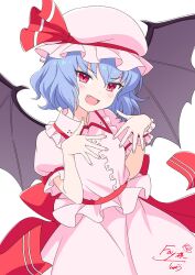 Rule 34 | 1girl, bat wings, blue hair, commission, fang, frilled hat, frilled shirt, frills, hat, hat ribbon, highres, kamuraaa 615, looking at viewer, mob cap, open mouth, puffy short sleeves, puffy sleeves, red eyes, red ribbon, remilia scarlet, ribbon, shirt, short hair, short sleeves, simple background, skeb commission, solo, touhou, white background, wings
