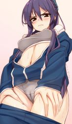 Rule 34 | 1girl, 2015, 3:, 3:&lt;, blush, cameltoe, dated, gin (ginshari), grey panties, hands on thighs, jacket, looking at viewer, navel, open clothes, open jacket, original, panties, purple hair, solo, sports bra, sweat, track jacket, underwear, v-shaped eyebrows