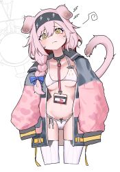 Rule 34 | 1girl, 360 (taiyo360), @ @, absurdres, animal ears, arknights, bikini, black collar, black jacket, blue bow, bow, braid, cat ears, cat girl, cat tail, collar, cowboy shot, cropped legs, goldenglow (arknights), hair bow, hairband, highres, id card, jacket, lanyard, lightning bolt print, looking at viewer, open clothes, open jacket, pink hair, pink jacket, simple background, solo, staff, swimsuit, tail, thighhighs, white background, white bikini, white thighhighs, yellow eyes