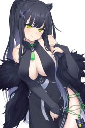 Rule 34 | 1girl, animal ears, black dress, blue archive, blunt bangs, breasts, closed mouth, deca purio, dress, green eyes, hair ornament, large breasts, long hair, looking at viewer, shun (blue archive), simple background, smile, solo, thighs, tiger ears, tiger girl, white background, white hair