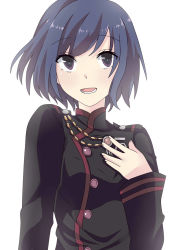 Rule 34 | 1girl, aiguillette, blue hair, buttons, d.gray-man, eyebrows, hand on own chest, lenalee lee, long sleeves, looking away, mako dai ni-dai, military, military uniform, open mouth, purple eyes, short hair, simple background, solo, teeth, uniform, upper body, white background