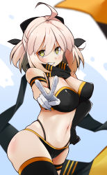 Rule 34 | 1girl, absurdres, ahoge, asymmetrical gloves, bikini, black bikini, black bow, black gloves, black scarf, black thighhighs, bow, breasts, bright pupils, cameltoe, cleavage, covered erect nipples, cowboy shot, elbow gloves, eyes visible through hair, fate/grand order, fate (series), gloves, grin, hair between eyes, hair bow, hand on own hip, highleg, highleg bikini, highres, large breasts, mismatched gloves, navel, okita j. souji (fate), okita j. souji (first ascension) (fate), okita souji (fate), pakotaroh, scarf, single elbow glove, single thighhigh, smile, solo, swimsuit, teeth, thigh strap, thighhighs, v, white gloves, white pupils, yellow eyes