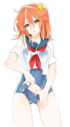 Rule 34 | 1girl, alternate costume, blue one-piece swimsuit, blue sailor collar, clothes pull, collarbone, cowboy shot, fate/grand order, fate (series), fujimaru ritsuka (female), hair between eyes, hair ornament, hair scrunchie, head tilt, long hair, looking at viewer, neckerchief, old school swimsuit, one-piece swimsuit, one-piece swimsuit pull, orange hair, parted lips, red neckerchief, sailor collar, school swimsuit, scrunchie, shino-o, shirt, short sleeves, side ponytail, simple background, solo, standing, swimsuit, thigh gap, w, wet, wet clothes, wet shirt, white background, white shirt, yellow eyes, yellow scrunchie