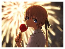 Rule 34 | 1girl, blue eyes, blurry, blurry background, blush, border, candy apple, closed mouth, fireworks, food, food on face, hair between eyes, hair ribbon, highres, holding, holding food, kill me baby, long hair, looking at viewer, ribbon, shirt, solo, sonya (kill me baby), upper body, white border, white shirt, yachima tana