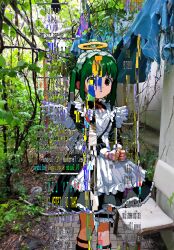Rule 34 | 1girl, absurdres, angel wings, apron, blunt bangs, brown hair, chair, english text, expressionless, frills, glitch, green hair, halo, highres, long sleeves, maid, maid apron, maid headdress, mud, neck ribbon, original, own hands together, pavement, plant, puffy long sleeves, puffy sleeves, ribbon, sanamaru (sanaunko4), solo, twintails, wings