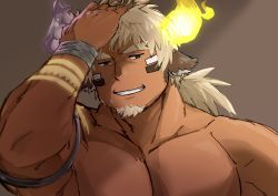 Rule 34 | 1boy, absurdres, animal ears, armlet, asymmetrical horns, bara, cow boy, cow ears, cow horns, evil smile, facepaint, facial hair, forked eyebrows, goatee, haishiba ame, hand on own head, highres, horns, large pectorals, long hair, long sideburns, looking at viewer, male focus, mismatched horns, muscular, muscular male, nude, pectorals, ponytail, sideburns, smile, solo, thick eyebrows, tokyo houkago summoners, upper body, wakan tanka, wakan tanka mugen