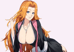 1girl black_kimono bleach blue_eyes breasts brown_hair cleavage collarbone grey_background hair_intakes twirling_hair highres ibaraki_shun japanese_clothes kimono large_breasts long_hair looking_at_viewer matsumoto_rangiku mole mole_under_mouth parted_lips simple_background solo very_long_hair wide_sleeves