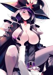 Rule 34 | 1boy, 1girl, blush, breasts, cleavage, coat, dahut (fate), eyepatch, fate/grand order, fate (series), francis drake (fate), fujimaru ritsuka (male), girl on top, hat, highres, large breasts, leotard, light purple hair, long hair, long sleeves, looking at viewer, open clothes, open coat, pantyhose, parted bangs, smile, solo focus, thighs, tranquillianusmajor, white background, yellow eyes