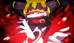 Rule 34 | belt, belt buckle, belt collar, black background, black horns, black scarf, buckle, cape, collar, commentary request, crown, disembodied limb, fire, gloves, horns, kirby (series), large horns, looking at viewer, magic, magolor, master crown, nintendo, no humans, open mouth, palette swap, red belt, red cape, red eyes, scarf, sharp teeth, shirushiki, smirk, solid eyes, solo, straight-on, teeth, upper teeth only, white gloves, yellow headwear
