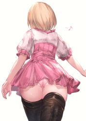 Rule 34 | 1girl, ass, blonde hair, boots, brown footwear, commentary request, detached sleeves, djeeta (granblue fantasy), dress, dutch angle, frills, from behind, granblue fantasy, highres, milli little, musical note, panties, pink dress, pink panties, puffy short sleeves, puffy sleeves, shiny clothes, shiny skin, short dress, short hair, short sleeves, simple background, solo, thigh boots, thighhighs, thighs, underwear, white background