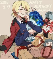 Rule 34 | 10s, 1girl, 2016, blonde hair, blue sweater, blush, bouquet, box, braid, closed eyes, darjeeling (girls und panzer), dated, dress shirt, emblem, flower, gift, gift box, girls und panzer, hand on own cheek, hand on own face, happy birthday, holding, jacket, jacket on shoulders, letter, letters, long sleeves, necktie, pantyhose, red jacket, ree (re-19), ribbon, school uniform, shirt, short hair, smile, solo, sweater, twin braids, uniform, v-neck, white shirt