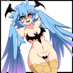 Rule 34 | 1girl, absurdres, ahoge, artist name, bat wings, bird legs, black border, blue feathers, blue hair, blue wings, blush, border, breasts, cleft of venus, commentary, english commentary, fangs, feathered wings, feathers, hair between eyes, harpy, head wings, heart maebari, highres, littlepengo, long hair, maebari, medium breasts, monster girl, monster musume no iru nichijou, navel, open mouth, papi (monster musume), scales, sidelocks, solo, tongue, winged arms, wings, yellow eyes
