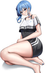 Rule 34 | 1girl, absurdres, bare legs, barefoot, black shorts, black tank top, blue eyes, blue hair, blue nails, blue ribbon, blush, breasts, character name, closed mouth, copyright name, covered navel, crop top, feet, full body, hair ribbon, highres, hololive, hololive dance practice uniform, hoshimachi suisei, impossible clothes, impossible shirt, laimer, legs, leotard, leotard under clothes, looking at viewer, nail polish, official alternate costume, on ground, ribbon, shadow, shirt, short shorts, short sleeves, shorts, side ponytail, sidelocks, simple background, single bare shoulder, small breasts, smile, solo, star (symbol), star in eye, symbol in eye, tank top, thighs, toenail polish, toenails, toes, virtual youtuber, white background