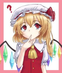 Rule 34 | 1girl, ?, arm at side, arm up, ascot, blonde hair, border, commentary, crystal, finger to mouth, flandre scarlet, hair between eyes, hat, hat ribbon, head tilt, looking up, mob cap, nepples, pink border, puffy short sleeves, puffy sleeves, red eyes, red vest, ribbon, shirt, short hair, short sleeves, side ponytail, simple background, sketch, solo, touhou, upper body, vest, white background, white shirt, wings, yellow ascot