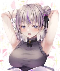 Rule 34 | 1girl, armpits, arms behind head, black ribbon, black skirt, breasts, commission, earrings, fang, frilled shirt, frills, grey hair, grey shirt, hair bun, hair ribbon, heart, heart earrings, high-waist skirt, highres, indie virtual youtuber, jewelry, large breasts, long hair, looking at viewer, minami tette, mitsuki tsumi, multicolored hair, neck ribbon, open mouth, presenting armpit, purple eyes, purple hair, ribbon, second-party source, shirt, skeb commission, skirt, sleeveless, sleeveless shirt, smile, solo, sparkle, streaked hair, taut clothes, taut shirt, upper body, virtual youtuber