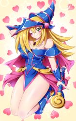 Rule 34 | 1girl, absurdres, bare shoulders, blonde hair, blue dress, blue eyes, blue footwear, blue hat, blush stickers, boots, dark magician girl, dress, duel monster, hat, heart, heart background, highres, long hair, one eye closed, solo, sotomichi, wand, wizard hat, yu-gi-oh!
