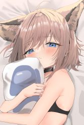 Rule 34 | 1girl, absurdres, among us, animal ear fluff, animal ears, arknights, bare shoulders, bed sheet, black bra, black choker, blush, bra, brown hair, choker, closed mouth, crewmate (among us), fox ears, highres, looking at viewer, lying, hugging object, on back, on bed, pillow, pillow hug, shipi (qlenf0715), short hair, solo, sussurro (arknights), underwear, underwear only, upper body