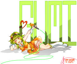 Rule 34 | 1girl, boots, character name, goggles, goggles on head, green eyes, green hair, gumi, happy birthday, heart, looking at viewer, lying, matching hair/eyes, microphone, monkeyyan, on side, one eye closed, open mouth, short hair, smile, solo, vocaloid, wink, wrist cuffs, yanyan