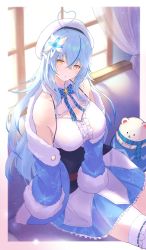 Rule 34 | 1girl, absurdres, bare shoulders, beret, blue hair, blush, bow, bowtie, breasts, curtains, daifuku (yukihana lamy), gore (white gore), hair between eyes, half updo, hat, highres, hololive, huge filesize, large breasts, long hair, looking at viewer, open mouth, pointy ears, sitting, solo, thighhighs, virtual youtuber, white thighhighs, yellow eyes, yukihana lamy