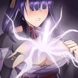 Rule 34 | 1girl, absurdres, blush, breasts, bridal gauntlets, cleavage, electricity, genshin impact, highres, human scabbard, japanese clothes, kimono, large breasts, light particles, long hair, off shoulder, purple hair, purple kimono, raiden shogun, sash, shaded face, solo, sword, teeth, upper body, weapon