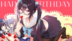 Rule 34 | 1girl, black hair, blue bow, blush, bow, cake, copyright notice, doll, eating, english text, food, food in mouth, fruit, glasses, hair between eyes, hair ornament, hairpin, happy birthday, highres, icing, leggings, logo, mahjong soul, morikawa ayako, official art, osanai mei (artist), pink bow, purple eyes, red background, rug, skirt, strawberry, strawberry shortcake, twintails, whipped cream, yostar