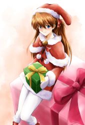 Rule 34 | 1girl, baumku techen, bell, blue eyes, blush, boots, bow, box, brown hair, capelet, christmas, closed mouth, dress, fur-trimmed boots, fur-trimmed capelet, fur-trimmed dress, fur-trimmed headwear, fur-trimmed sleeves, fur trim, gift, gift box, gloves, hair between eyes, hair bow, hat, highres, holding, holding box, long hair, long sleeves, looking at viewer, mittens, neon genesis evangelion, pantyhose, red bow, red capelet, red dress, red footwear, red hat, red ribbon, ribbon, santa boots, santa costume, santa hat, short dress, sitting, smile, solo, souryuu asuka langley, very long hair, white background, white gloves, white mittens, white pantyhose, yellow ribbon