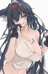 Rule 34 | 1girl, animal ears, arknights, between breasts, black gloves, black hair, blaze (arknights), blue eyes, bottle, breasts, cat ears, cleavage, collarbone, commentary, gloves, hair between eyes, hairband, hand up, highres, large breasts, messy hair, mikozin, navel, open mouth, partially fingerless gloves, pulling own clothes, red hairband, simple background, solo, strap pull, strap slip, sweat, symbol-only commentary, upper body, white background