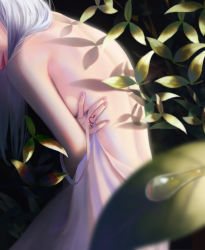 Rule 34 | 1girl, absurdres, back, bare shoulders, commentary request, dress, fingernails, from side, grey hair, head out of frame, highres, jewelry, leaf, long hair, nail polish, nekobell, original, outdoors, parted lips, plant, red nails, ring, solo, water drop, white dress