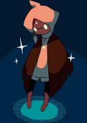 Rule 34 | 1other, :|, ambiguous gender, blue background, brown cloak, character request, cloak, closed mouth, dark skin, facial mark, forehead mark, hair tubes, highres, menma (enaic31), o o, shirt, short hair, sky: children of the light, solid oval eyes, solo, sparkle, white hair, white shirt