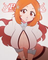 Rule 34 | 1girl, :o, artist name, bleach, bleach: sennen kessen-hen, breasts, cleavage, cleavage cutout, clothing cutout, flipherrrr, highres, inoue orihime, large breasts, open clothes, open shirt, orange hair, solo