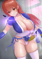 1girl absurdres bare_hips breasts choker cleavage collarbone dead_or_alive dead_or_alive_xtreme f_d_hairegaa fighting_game highres japanese_clothes kasumi_(doa) large_breasts ninja partially_visible_vulva restrained shiny_skin skindentation sweat tagme thighs torn_clothes wardrobe_malfunction