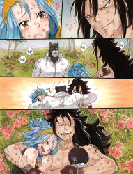 Rule 34 | 1girl, 2boys, ^ ^, arm tattoo, bad id, bad tumblr id, blue background, blue hair, blush, closed eyes, commentary, crying, english commentary, fairy tail, fangs, flower, gajeel redfox, gloves, grass, hairband, highres, hug, levy mcgarden, long hair, looking at another, multiple boys, orange background, pink flower, profile, rusky, scar, scar on arm, shirt, smile, sweater, tattoo, torso, tree, turtleneck, turtleneck sweater, white shirt, yellow hairband