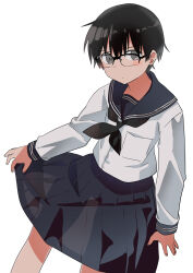 Rule 34 | 1girl, :|, black-framed eyewear, black hair, black neckerchief, blue sailor collar, blue skirt, blush, closed mouth, commentary request, expressionless, glasses, grey eyes, haida katsuretsu, highres, long sleeves, looking at viewer, neckerchief, original, pleated skirt, sailor collar, shirt, short hair, simple background, skirt, skirt hold, sleeve cuffs, solo, white background, white shirt