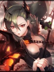 Rule 34 | 1girl, alternate costume, armor, artist request, breasts, chain, cleavage, collar, fingerless gloves, fur collar, gae bolg (phantom of the kill), gloves, green hair, hair ornament, holding, holding spear, holding weapon, horns, large breasts, long hair, official art, phantom of the kill, polearm, red eyes, shoulder armor, spear, weapon