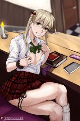 Rule 34 | 1girl, black scrunchie, blonde hair, book, breasts, candle, cleavage, condom, crossed legs, desk, fingernails, green eyes, green ribbon, gyaru, hair between eyes, hair ribbon, highres, kneehighs, long fingernails, looking at viewer, maka albarn, miniskirt, mobi mobi, neck ribbon, nipples, no bra, open clothes, open shirt, plaid, plaid skirt, red nails, red ribbon, red skirt, ribbon, scrunchie, shirt, skirt, sleeves rolled up, small breasts, smile, socks, solo, soul eater, teeth, twintails, unbuttoned, white shirt, white socks, wrist scrunchie