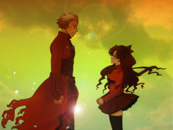 Rule 34 | 1boy, 1girl, archer (fate), bad id, bad pixiv id, dark skin, dark-skinned male, fate/stay night, fate (series), height difference, nobicco, ribbon, size difference, thighhighs, tohsaka rin, two side up, unlimited blade works (fate), zettai ryouiki
