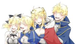 Rule 34 | 1boy, 3girls, ahoge, armor, arthur pendragon (fate), artoria pendragon (all), artoria pendragon (fate), artoria pendragon (lancer) (fate), blush, bow, breasts, cape, capelet, cleavage, closed eyes, fate/grand order, fate (series), fur-trimmed capelet, fur trim, hair bow, hair ornament, large breasts, laughing, multiple girls, nekomata022, saber (fate), saber lily, short hair, smile