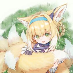 1girl animal_ears arknights black_gloves blonde_hair blue_hairband braid braided_hair_rings earpiece fox_ears fox_girl gloves green_eyes hair_rings hairband highres holding_own_tail infection_monitor_(arknights) kitsune kyuubi multiple_tails open_mouth short_hair si_yu_yijiu single_glove solo suzuran_(arknights) tail twin_braids